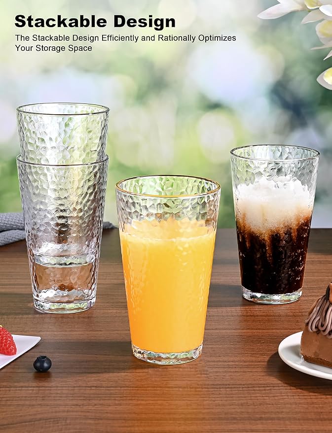 Drinking Glasses Set of 8,16oz Clear Highball Water Glasses,Stackable Lead-Free Hammered Glass Cups,Kitchen Drinkware Glassware for Cocktail,Beer,Juice,Iced Tea,Margaritas and Mixed Drinks