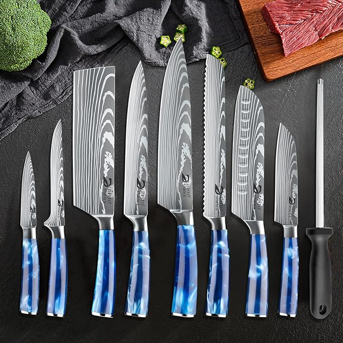 Dfito Chef Knife Sets with Roll Bag, 9 Pieces Professional Knife Set, High Carbon Stainless Steel Kitchen Chef Knife Set, Blue Resin Handle, Dishwasher Safe