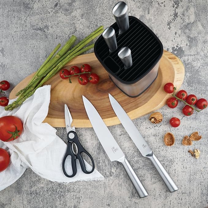 CHUSHIJI 6-Piece Silver Kitchen Knife Set | One-Piece Stainless Steel, Ultra-Sharp, Anti-Rust, Ergonomic Grip Knives with Universal Knife Block for Home Cooks & Beginners (silver)