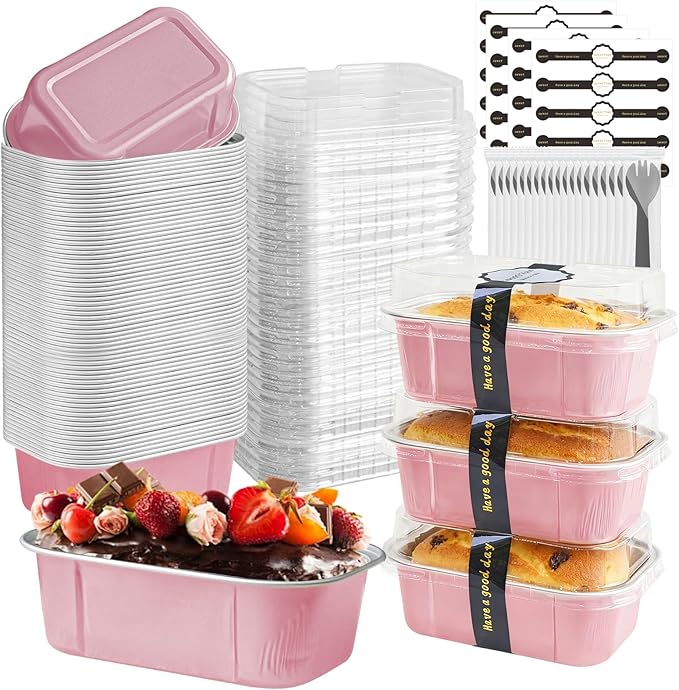 mini loaf pans with lids and spoons 50 Pack,5.5 oz Rectangle mini individual cake tins Disposable Small Aluminum Foil Baking pans(50, Pink)