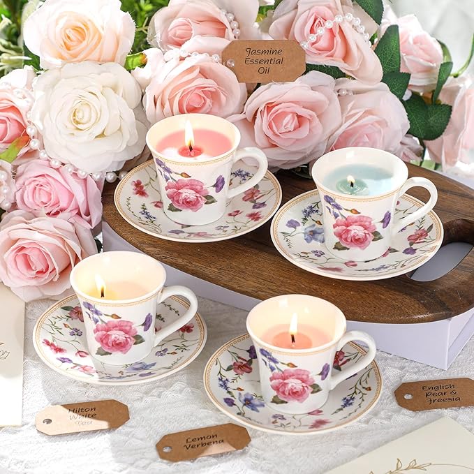 Nuanchu 4 Set Mini Vintage Tea Cup Candle Floral Cups with Saucer Tea Party Candles Gifts Oils Aromatherapy for Meditation Relief Mood Bridal Wedding Birthday Gift(Colorful)