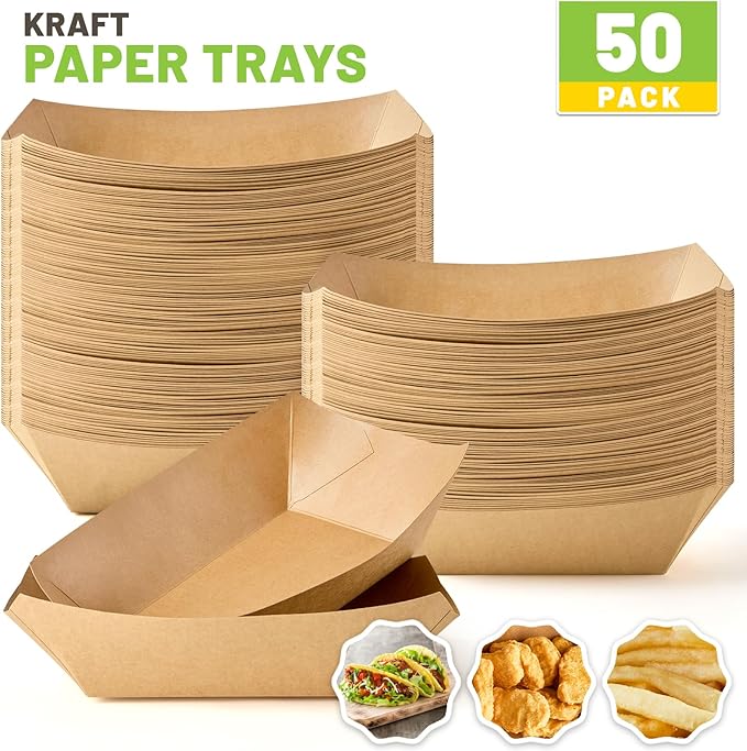 4 LB Large Paper Food Trays, 50 Pack Disposable Nacho Trays Kraft Paper Food Boats Party Serving Baskets for Nachos Sandwiches Burgers Popcorns Salads Snacks