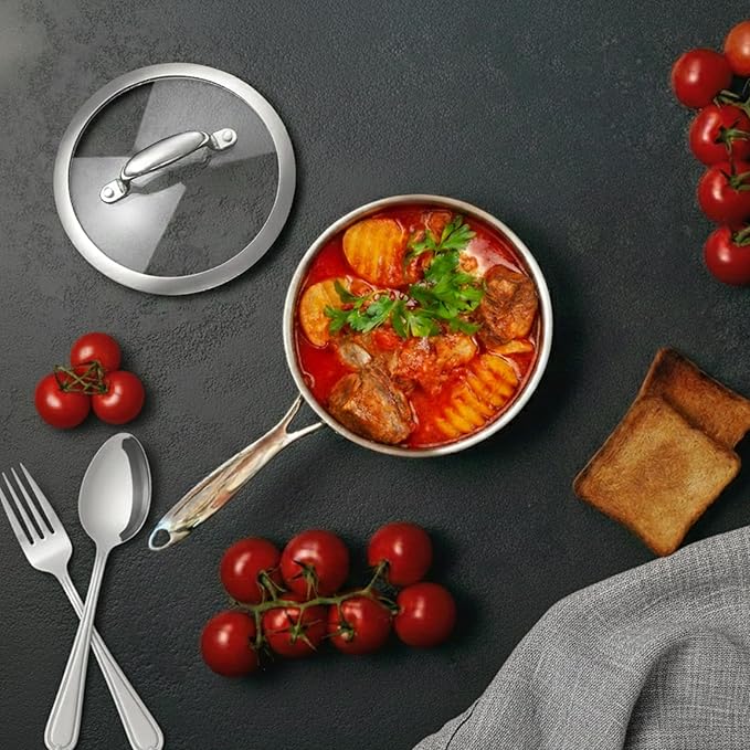 5-Ply 1.3 Quart Stainless Steel Saucepan with Glass Lid, Suitable for All Hobs, PTFE, PFAS and PFOA Free