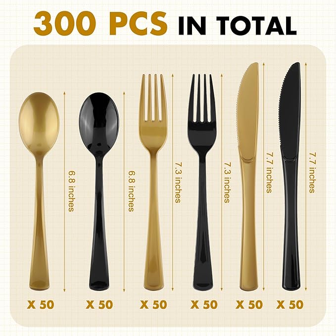 Kochorie 300 Pieces Graduation Black and Gold Plastic Silverware Heavy Duty Plastic Cutlery Set Disposable Flatware Includes Spoons Forks Knifes for Party Supplies