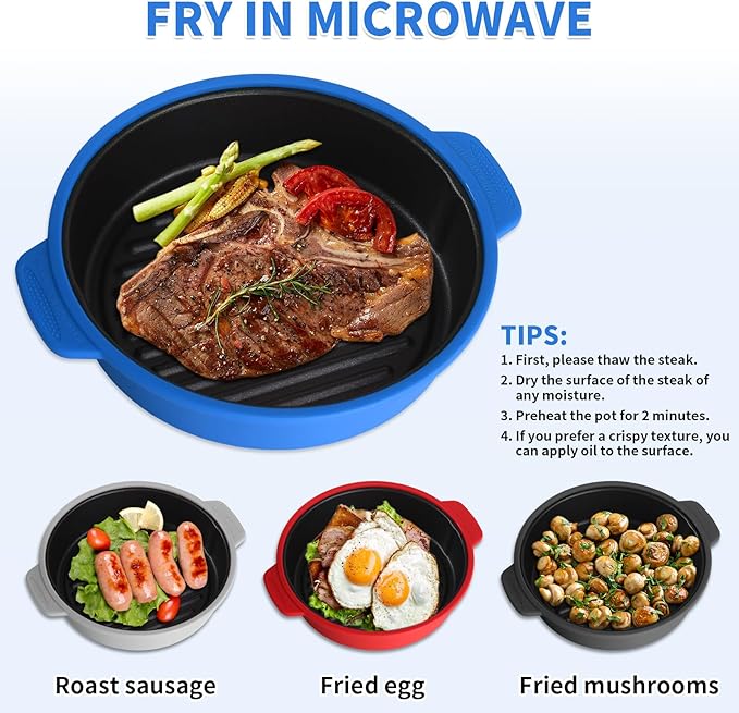 GLOU-GLOU GOOSE GGG Microwave Grill Pan, Fry Griddle Crisper Pan with Lid for Grilling Browning and Crisping Foods Microwave Silicone Cookware for Meat Sandwich Vegetable Light Grey