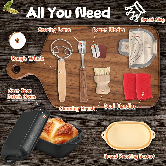 6.35 Qt Oval Cast Iron Dutch Oven for Bread Baking, Bread Baking Pan with Lid includes Bread Baking Supplies, Multi-Functional Sourdough Baking Kit for Frying and Braising