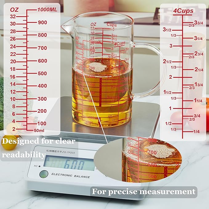 Ackers Mirror Graduated Glass Measuring Cup - [Insulated Handle | V-Shaped Spout] - High Borosilicate Glass Measuring Cup for Kitchen or Dining, Easy to Read, 1000ml (32oz, 4 Cup)