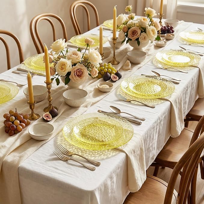 Rubtlamp 60 Pcs Yellow Plastic Plates, Hammered Heavy Duty Disposable Plates, Fancy Party Platos Include 30 Yellow Dinner Plate,30 Disposable Dessert Plate for Easter Daily Reception