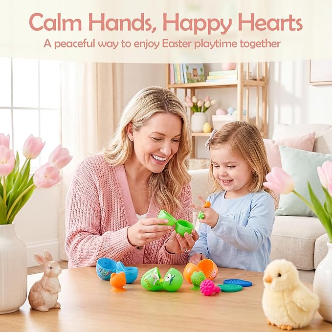 Easter Basket Stuffers, Prefilled Easter Eggs with Quiet Sensory Fidgets, Textured Stone & Suction Toys & Spinner Ring for Kids Calming, Autism Anxiety Tools Classroom Prizes (18 PCS)