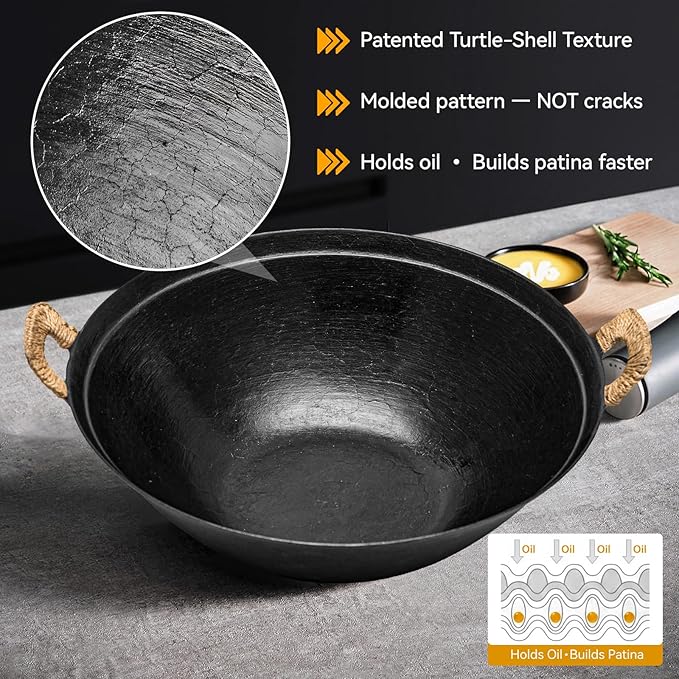 WANGYUANJI 13.4" Cast Iron Wok with Lid, Traditional Handcrafted Chinese Wok Pan, Flat Bottom Stir Fry Pan for Induction & Gas Stoves, Turtle Shell Texture, Uncoated Non-Toxic