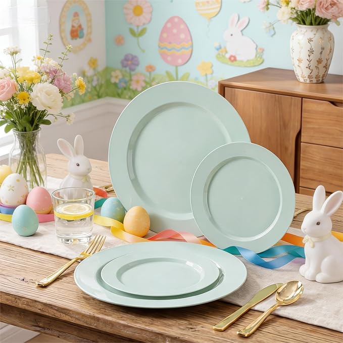 FLOWERCAT 200PCS Sage Green Plastic Plates Disposable Plates for Party - Elegant Plastic Plates - 10" &7" Plate for 100 Guests Spring Parties and Easter & Events