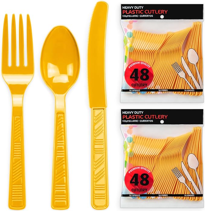 DecorRack Plastic Cutlery Set, Yellow Colored Plastic Silverware Sets for Parties, 96 Piece Bulk Heavy Duty Utensils (Yellow, 96 Pieces)