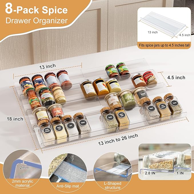 8-Pack Spice Drawer Organizer, Expandable Acrylic Seasoning Rack (13" to 26") with Anti-Slip Mat, Kitchen Spice Rack Drawer Holds up to 56 Jars (Jars Not Included)