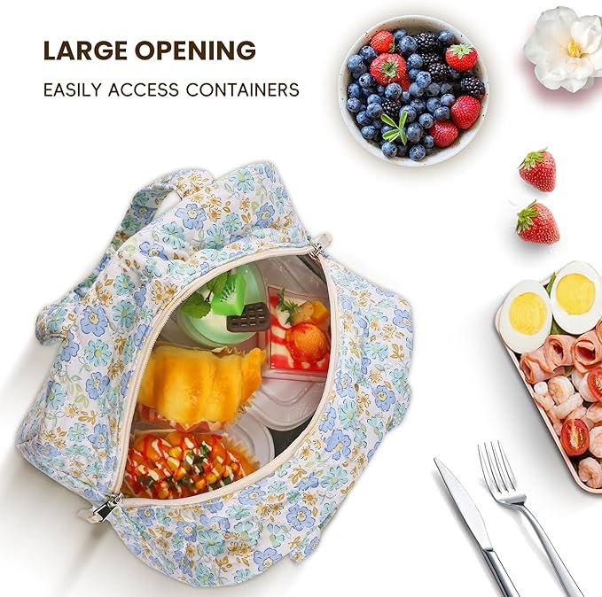 Quilted Lunch Box for Women,Coquette Aesthetic Lunch Box for Teen Girls,Cute Floral Lunch Bags for Work, School,Office,Picnic,Travel (green blue floral)