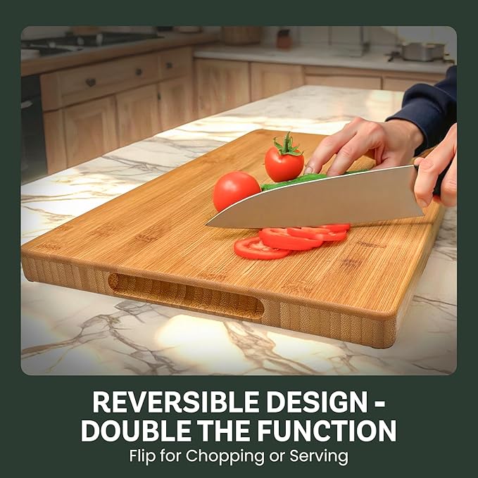 Bamboo Cutting Board for Kitchen - 18" Extra Large Wooden Cutting Board, Heavy Duty Chopping Board with Side Handles, Deep Juice Groove, Reversible Charcuterie & Cheese Board for Meat and Serving
