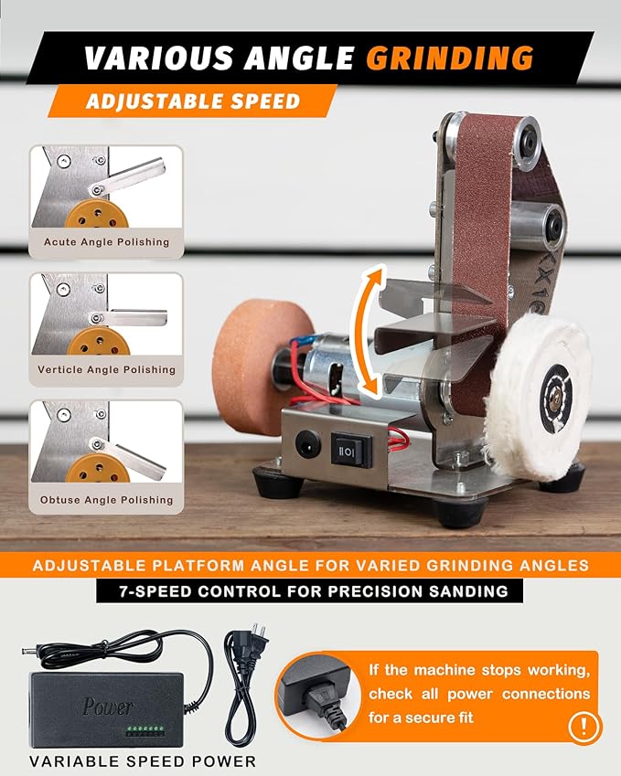 Mini Belt Sander, Electric Small Sander Knife Making Supplies, 7 Adjustable Speed Electric Knife Sharpener, Power Belt Grinder for Woodworking, Metal Working DIY (5'' x 6.5'' x 7.4'')
