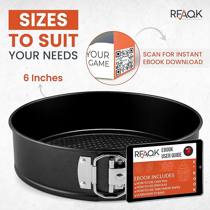 RFAQK Non-Stick 6 Inch Cake Pan with Removable Bottom - Leakproof Springform Pan with 50Pcs Parchment Papers - Perfect for Cakes, Cheesecakes, and Compatible with 3 Qt Instant Pot - Bonus E-Book