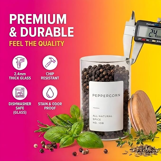 Empty Spice Jars with Label Pack (12x Bamboo Lid Glass Jar). Small 6oz Spice Storage Bottles with 112 Printed Stickers and 48 Writable Pantry Labels for Seasoning Containers