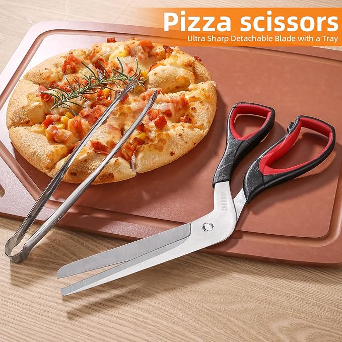 Pizza Scissors, Pizza Cutter with Shovel, Food-Grade Sharp Stainless Steel Blade and Soft Grip Handle, Multifunctional Kitchen Scissors, 27cm (red)