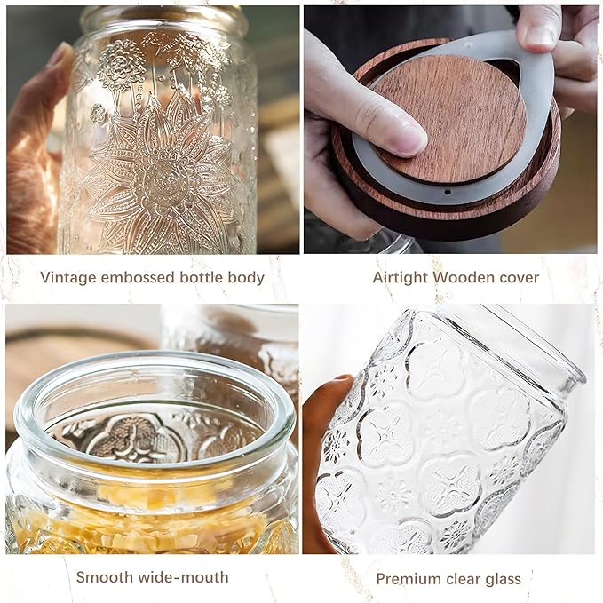 23.7 fl oz Vintage Glass Jar with Wooden Lid, Airtight Decorative Food Storage Canisters for Kitchen Counter & Pantry, Ideal for Candy, Sugar, Coffee,salt, Tea, Cereal, Flour, Oats