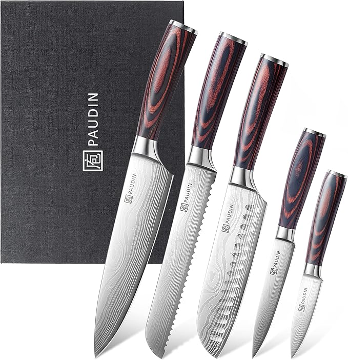 PAUDIN Knife Set, 5PCS Kitchen Knife Set without Block, Stainless Steel Chef Knife Set with Pakkawood Handle, Professional Kitchen Gift Sets for Cooking Lovers