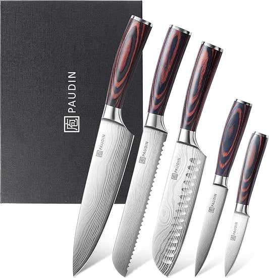 PAUDIN Knife Set, 5PCS Kitchen Knife Set without Block, Stainless Steel Chef Knife Set with Pakkawood Handle, Professional Kitchen Gift Sets for Cooking Lovers