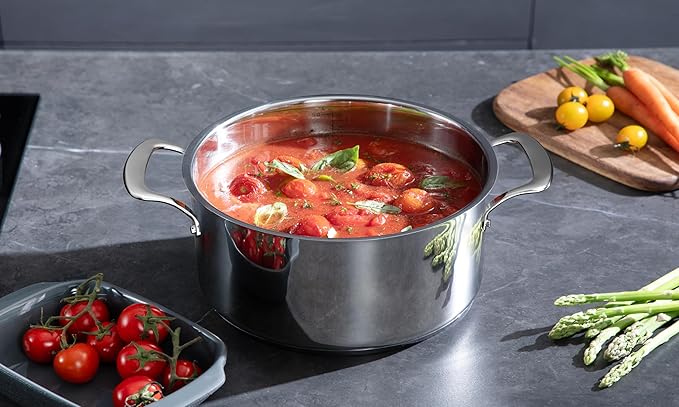 8 Quart Stainless Steel Stock Pot With Glass Lid, 5 Ply Stainless Clad Cookware, Induction Compatible, PTFE, PFAS and PFOA Free