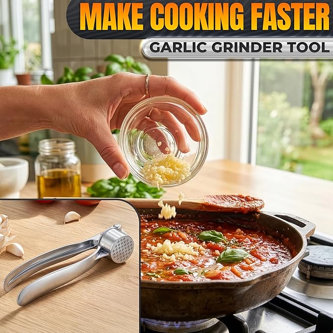 Stainless Steel Garlic Press - Ginger Mincer with 37 Built-In Studs for Maximum Extraction, for Garlic, Ginger and Soft Nuts - Ergonomic Handle, Dishwasher Safe and Rust-Resistant, No Peel Needed