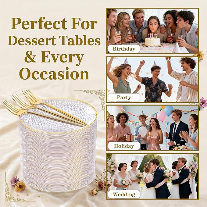 Rubtlamp 200 Pcs Clear Dessert Plates 7" with Forks 7.6",Clear Plastic Cake/Appetizer Platos, Dessert Plates Disposable, Hammered Party Platos Include 100platos and 100forks for Party&Birthday