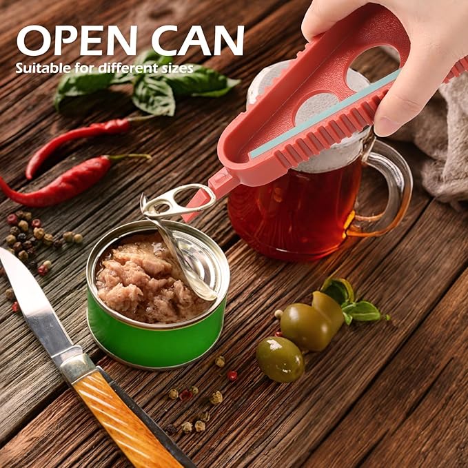 Jar Opener for Weak Hands & Seniors, Multi-Functional Bottle Opener Tool for Lids, Tabs, Caps, Pull Rings, 5-in-1 Can Opener Dark Red