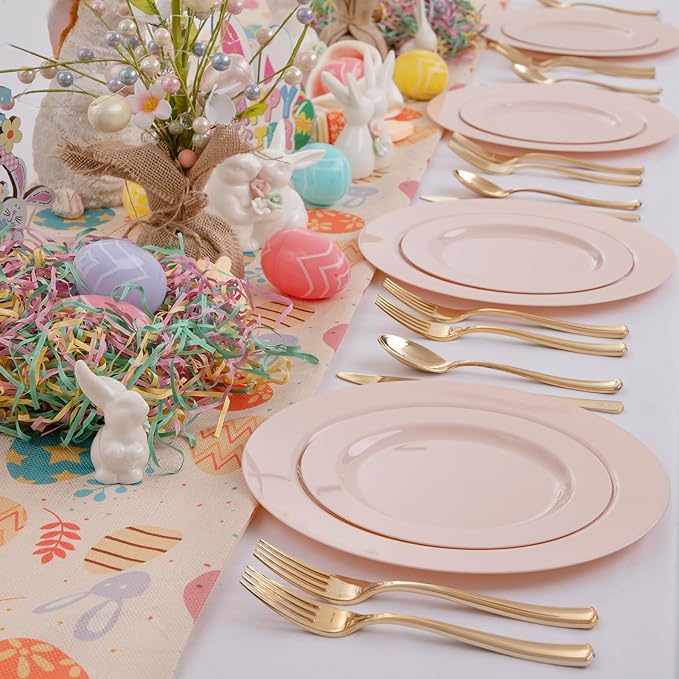 FLOWERCAT 60PCS Pink Plastic Plates - Heavy Duty Pink Plates Disposable for Easter Party&Mother's Day/Wedding - serving 30 guests Include 30PCS 10.25inch & 30PCS 7.5inch