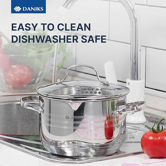 Daniks Tokio Stainless Steel Stock Pot 2 Quart, with Glass Strainer Lid, Induction Ready, Dishwasher Safe, Measuring Scale, Silver