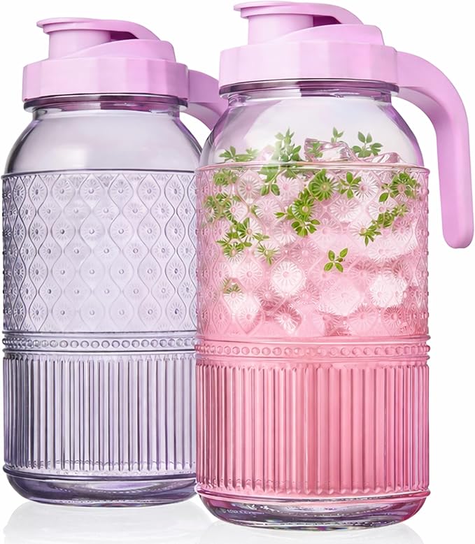 Glass Pitchers Set of 2 – Mason Jar Style Pitcher with Handle & Lid, 64 oz Water Jug for Juice, Iced Tea, Cold Brew, Water, Vintage Claro Collection Kitchen Décor - Lavender