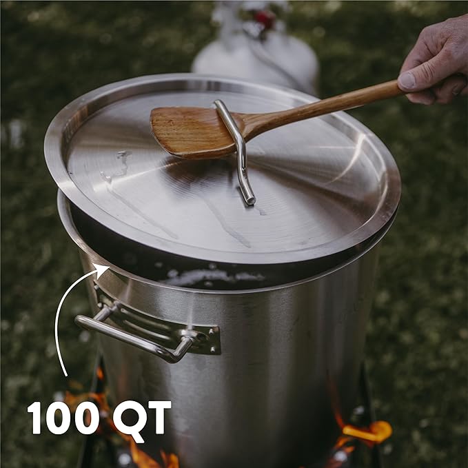 GasOne Stainless Steel Stockpot with Basket – 100qt Stock Pot with Lid and Reinforced Bottom – Heavy-Duty Cooking Pot for Deep Frying, Turkey Frying, Beer Brewing, Soup, Seafood Boil – Satin Finish