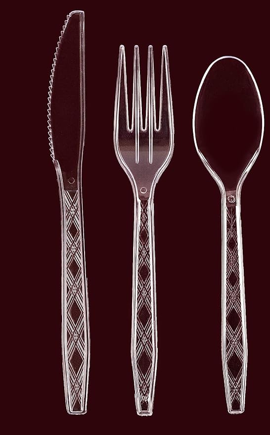 PARTY BARGAINS Argyle Settings Clear Plastic Cutlery Set 360‑Piece – 180 Forks, 120 Spoons, 60 Knives – Heavy‑Duty Disposable Utensils for Parties, Weddings, Buffets, BBQs & Catering – BPA Free