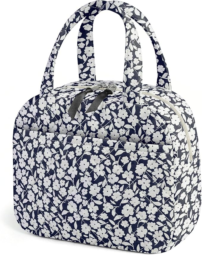 Quilted Lunch Box for Women,Coquette Aesthetic Lunch Box for Teen Girls,Cute Floral Lunch Bags for Work, School,Office,Picnic,Travel (White Floral)