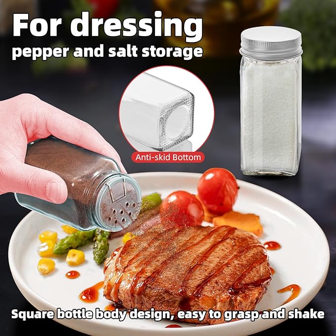 2Pcs 4oz Glass Spice Jars with Shaker Lids, Spice Jars Trial Set & Supplement Set, Empty Spice Containers and Square Spice Bottles for Kitchen (silver iron Lids)