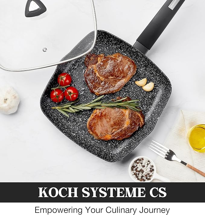 KOCH SYSTEME CS Nonstick Grill Pan 11 Inch, Marble Coating Square Grill Pan with Lid, Ultimate Nonstick Square Skillet with Bakelite Handle, Compatible with All Stovetops, Toxic-Free, 11 Inch