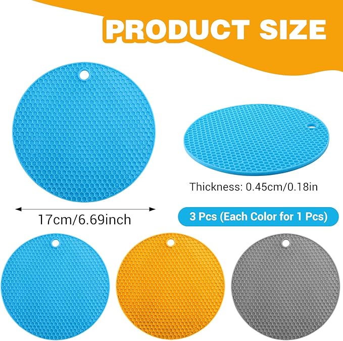 3Pcs Rubber Jar Opener,Round Large Jar Opener Gripper Pad Kitchen Non-Slip Coasters for Weak Hands,6.7x6.7Inch(Gray,Blue,Orange)