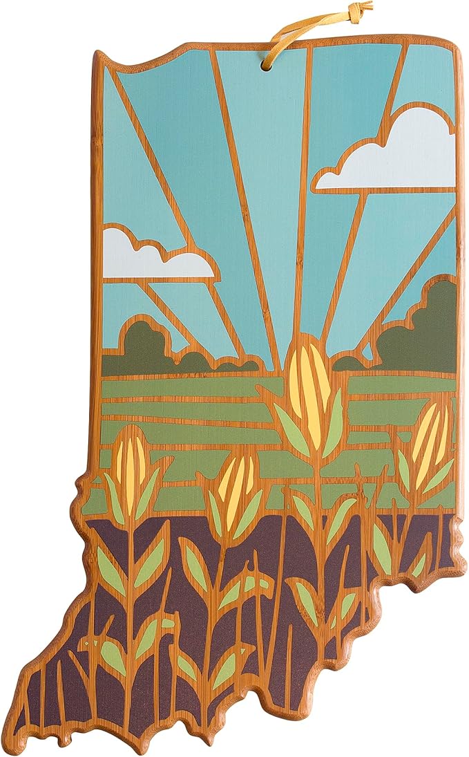 Totally Bamboo Indiana State Shaped Cutting Board and Charcuterie Serving Platter with Artwork by Summer Stokes, Includes Hang Tie for Wall Display