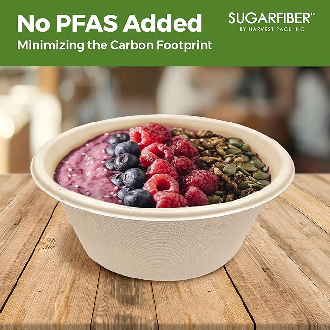 [125 Count]Harvest Pack 16oz Compostable Large Paper Bowls, PFAS FREE Round Biodegradable Heavy-Duty Eco-Friendly Disposable Soup Bowls, Sugarcane Bagasse Natural plant fibers, Alternative to Plastic