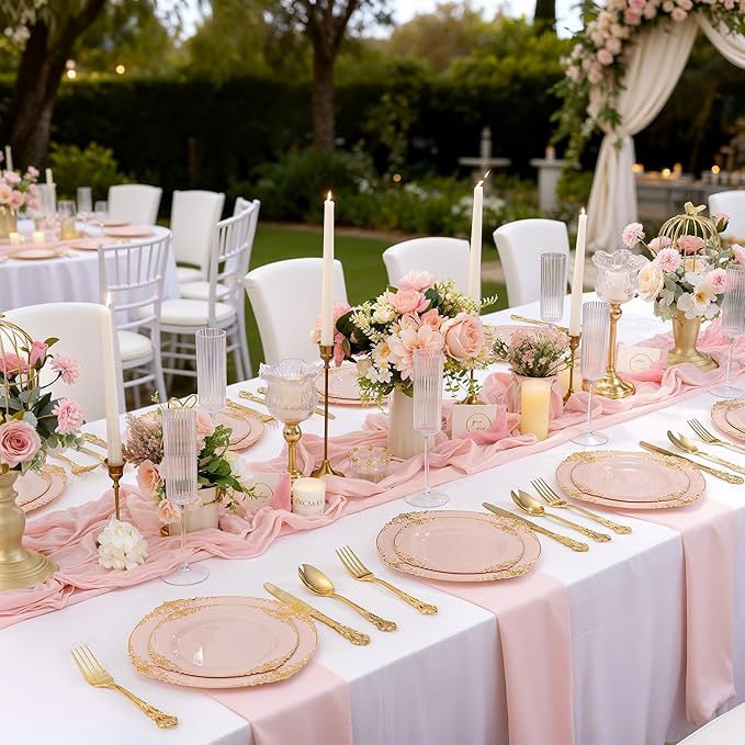 200PCS Pink and Gold Plates - Pink Plastic Plates - Fancy Disposable Plate with Gold Rim - Vintage Wedding Dinner & Dessert Plate Easter for 100 Guests for Wedding & Bridal Shower