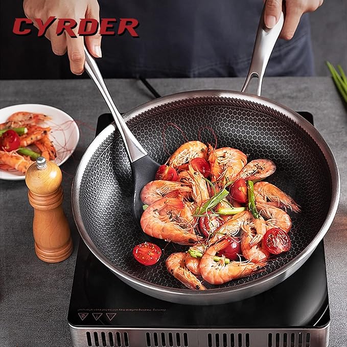 Hybrid Nonstick 14.5Inch Stainless Steel Pan, Large PFOA Free Non-Stick Wok, Dishwasher Oven Safe, Stay Cool Handle Skillet, Works with Induction Cooktop/Ceramic/Gas/Electric Stove