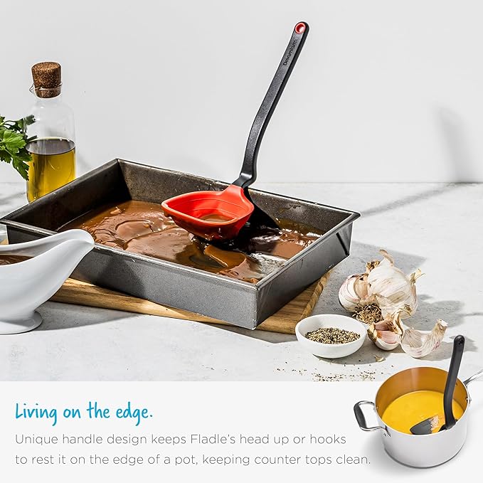Dreamfarm Fladle Fold-Flat, Space-Saving Serving & Cooking Ladle Measures up to 1/2 Cup with Silicone Scraping Squeegee-Tip - 12" Red