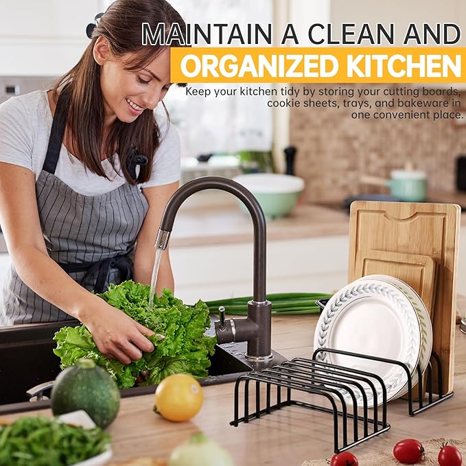 Kitchen Cutting Board Organizer Rack, 5-Slot Storage Holder for Boards, Bakeware, Cookie Sheets (1pc Black)