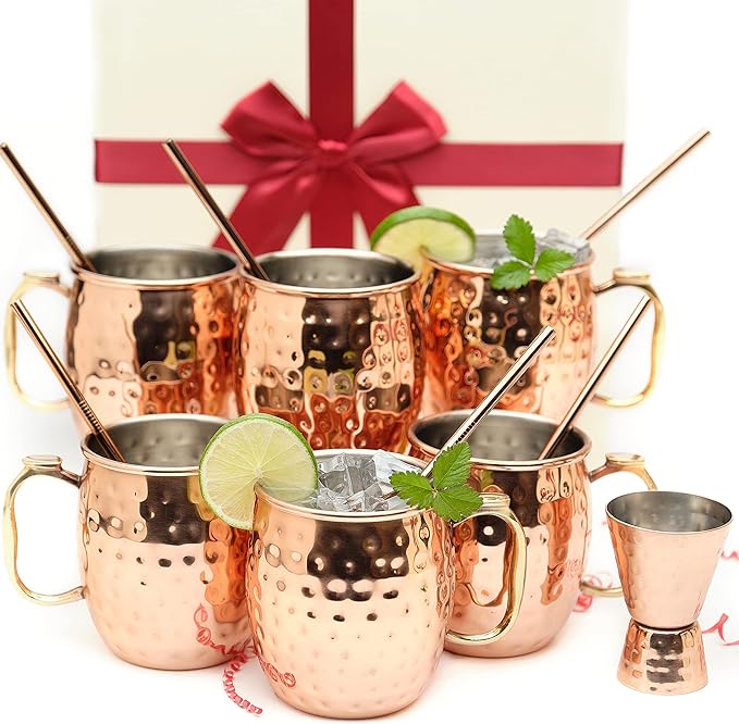 [Gift Set] Moscow Mule Mugs, Stainless Steel Lined Copper Moscow Mule Cups Set of 6 (18oz) w/Straws, Jigger, Spoon & Brush | Tarnish-Resistant Stainless Steel Interior