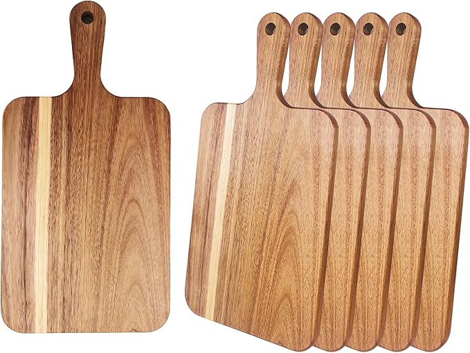 ZeQi 6PCS Small Acacia Wood Cutting Board with Handle 13.7''X7'', Chopping Board, Charcuterie Board, Serving Board for Cheese, Bread, Meat, Vegetables & Fruits (6 Pack Rectangular)