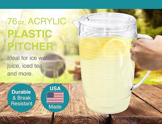 Arrow Home Products Clear Plastic Beverage Pitcher with Lid, 76 Ounce - Thick-Walled Modern Coil Design, Made in the USA - Fill with Ice Water, Iced Tea or Juice - BPA Free, Dishwasher Safe