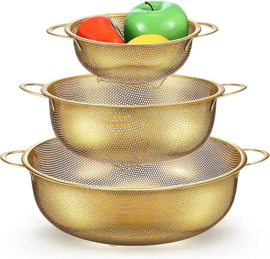 Baderke 3 Pieces Stainless Steel Gold Colander Metal Strainer with Handle Pasta Gold Colander for Kitchen Draining Pasta Rinsing Vegetables Rice Food, 3 Sizes(1-3-5 Quart,Classic)