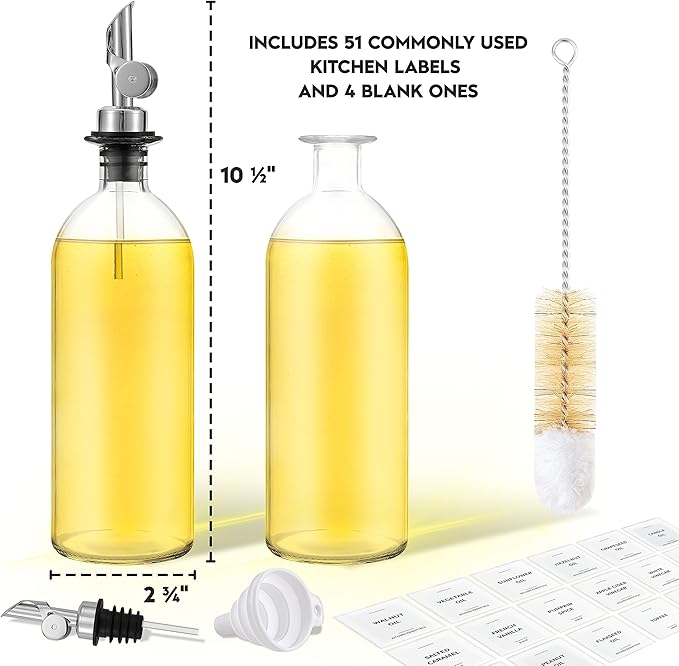 Oil Dispenser for Kitchen - Glass Olive Oil Bottle Set of 2 (16.9oz) with Silver Stainless Steel Weighted Self-Closing Pourer - Cooking Oil Dispenser with 66 Labels, Aligner & Funnel